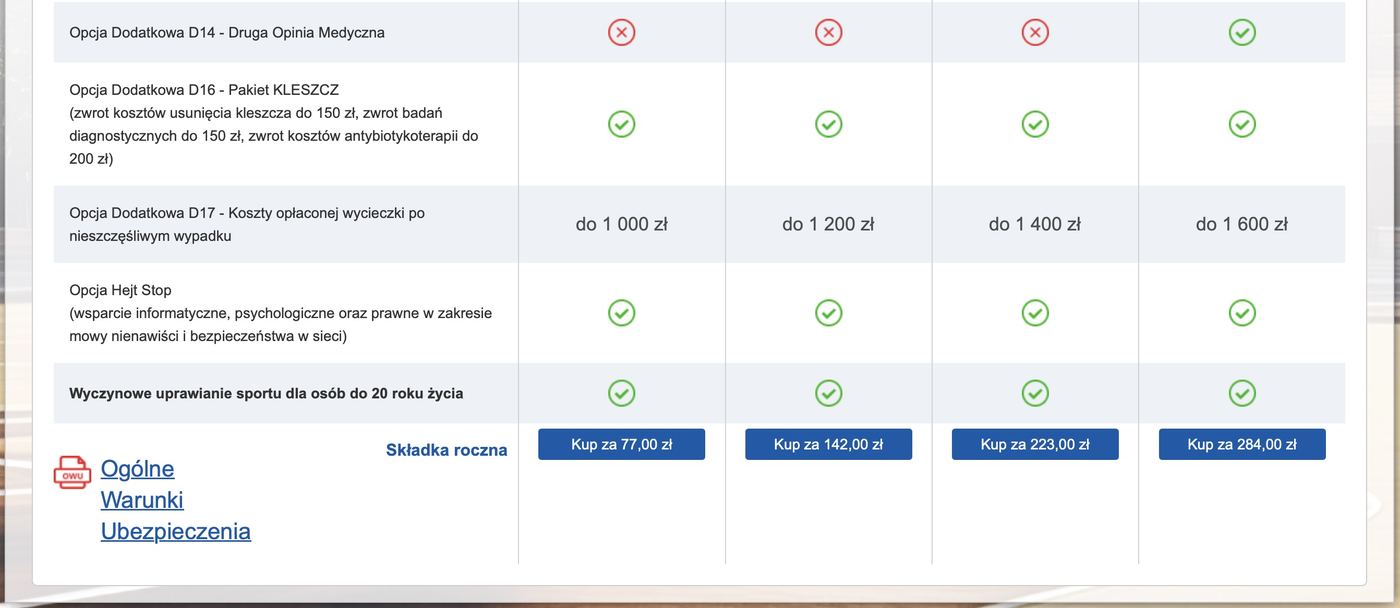 Wybór wariantu i przycisk „Kup za” — zakup polisy NNW EDU Plus dla dziecka